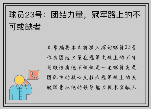 球员23号：团结力量，冠军路上的不可或缺者